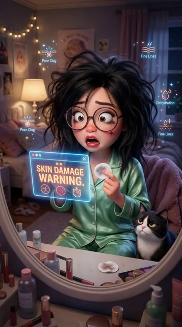 Humorous hyper-realistic 3D render in Pixar style: a sleepy girl with messy hair and glasses is shocked by a glowing hologram warning of skin damage, while her cat looks on judgmen