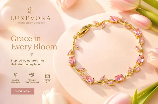 Luxury tulip bracelet advertisement, delicate tulip-inspired bracelet placed on a soft pastel pink and cream background,