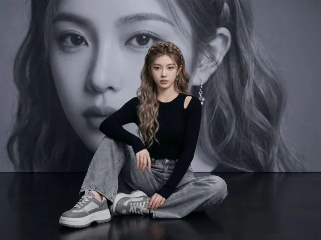 Create a cinematic 16:9 editorial fashion portrait of a beautiful young Asian woman seated elegantly on a dark polished