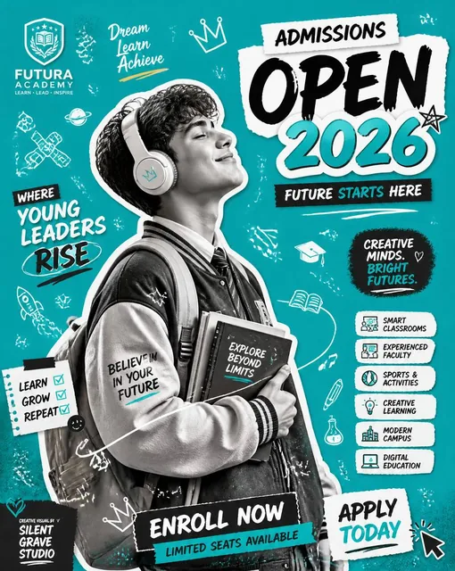 Create an original school admission advertisement poster in modern Y2K scrapbook collage style. Feature a confident happ