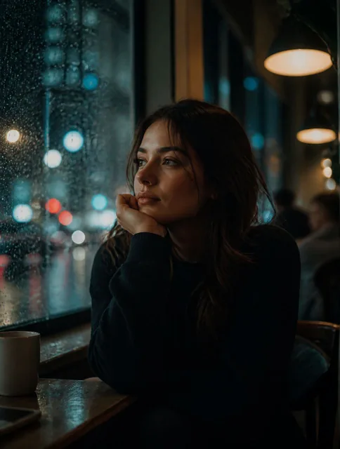 Ultra-realistic cinematic portrait of a person sitting beside a rainy window in a quiet café at night, soft reflections
