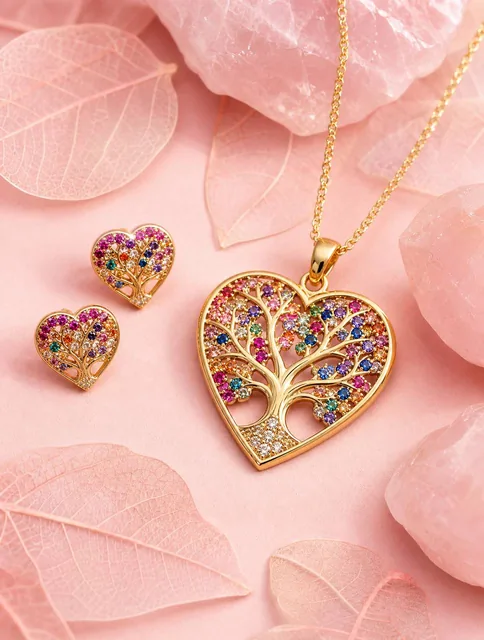 A gold heart-shaped pendant featuring a Tree of Life motif encrusted with vibrant multi-colored pavé gemstones rests on