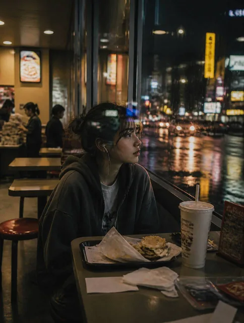 A young woman sitting alone inside a fast-food restaurant fifteen minutes before closing time.Most tables are empty. Emp