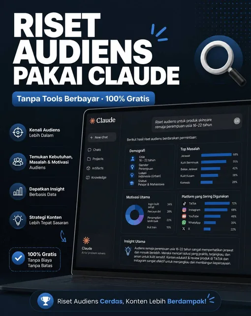 Modern clean educational graphic. Large bold text "RISET AUDIENS PAKAI CLAUDE" in white on dark blue-charcoal gradient.