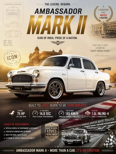Create image Create an epic premium automotive poster of [Ambassador Mark II].Place the car as the heroic central subjec