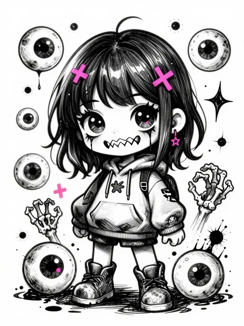 black and white ink sketch illustration, chibi horror girl with oversized head, huge glossy eyes, sharp teeth, messy hai