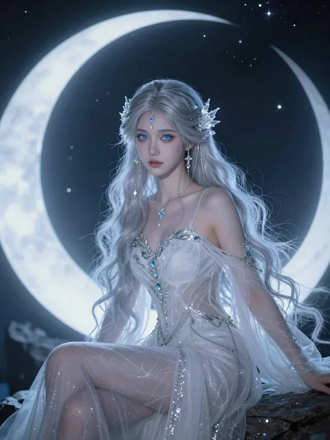 hyperrealistic portrait of ethereal ice goddess, long silver wavy hair with crystal hairpins, piercing blue eyes, delica
