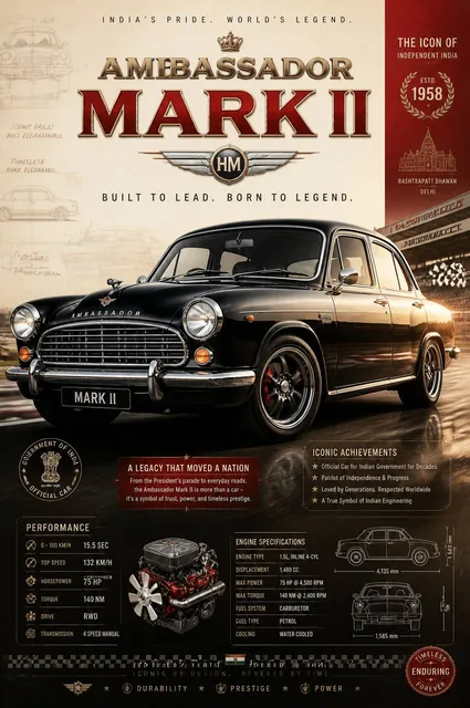 Create image Create an epic premium automotive poster of [Ambassador Mark II].Place the car as the heroic central subjec