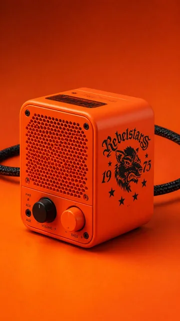 A futuristic, minimalist round-cornered cuboid-shaped speaker in vibrant fluorescent orange, featuring a perforated spea