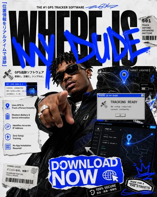 Create an ultra-premium Japanese street-art editorial poster redesign for a fictional GPS tracking software called "WHER