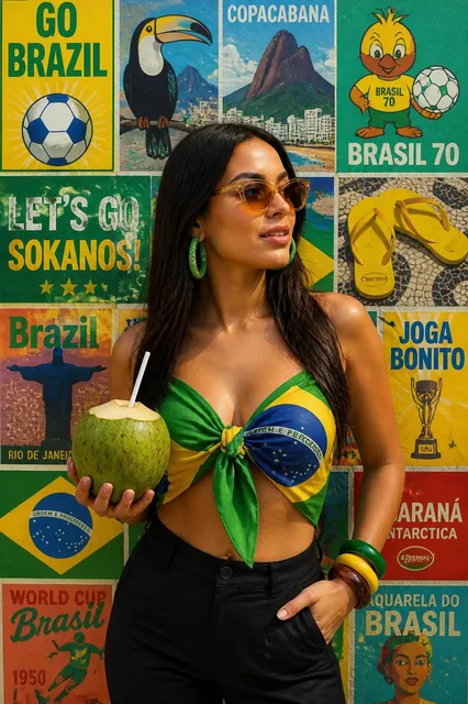 Create an authentic, colorful, and vibrant street-style photograph, capturing a confident and stylish Brazilian woman st