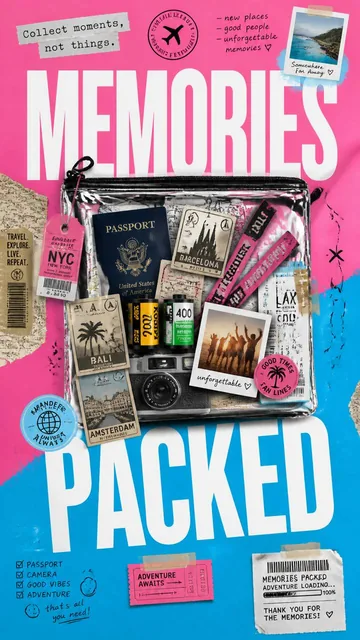 A premium 9:16 lifestyle storytelling poster.Main Subject:An oversized transparent travel pouch positioned in the center