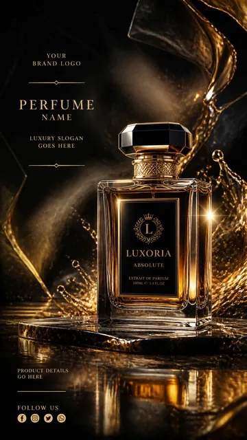 Create an ultra-luxury cinematic perfume flyer design for a high-end fragrance brand.