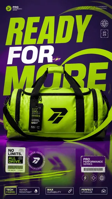 A neon green professional sports duffel bag centered on a royal purple background with 'READY FOR MORE' typography and dynamic graphic elements, in a 9:16 vertical poster format.