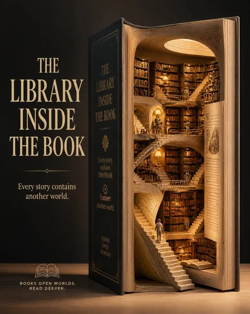 Create a premium 4:5 advertising poster called:"THE LIBRARY INSIDE THE BOOK"Main Visual:A single giant hardcover book st