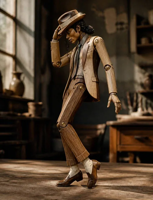 Subject and Movement: A delicate wooden automaton, depicting Michael Jackson's iconic signature dance pose. The body is