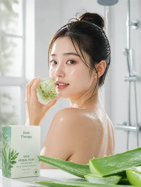 A young East Asian woman with a damp, dewy complexion and hair pulled into a messy bun turns toward the camera, holding