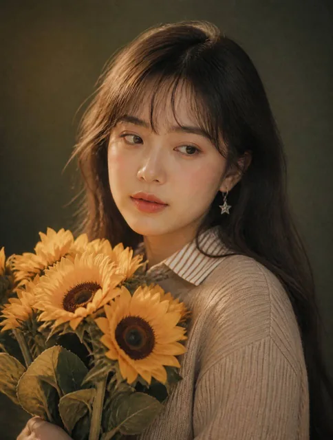 A young East Asian woman with long dark hair and curtain bangs, wearing a beige knit sweater and pinstripe shirt, holds a bouquet of sunflowers. She has rosy blush and warm lips, w