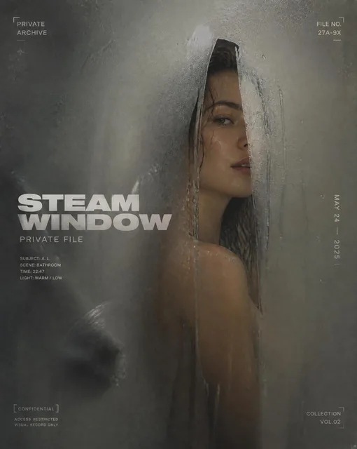 A woman's silhouette emerges through a misted mirror, revealed by a narrow, clear window, evoking a sense of private intimacy and artistic restraint.