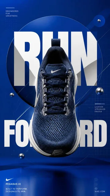 A premium commercial advertising poster for a luxury sneaker launch, featuring a central running sneaker with bold 'RUN FORWARD' typography and geometric graphic elements on a coba