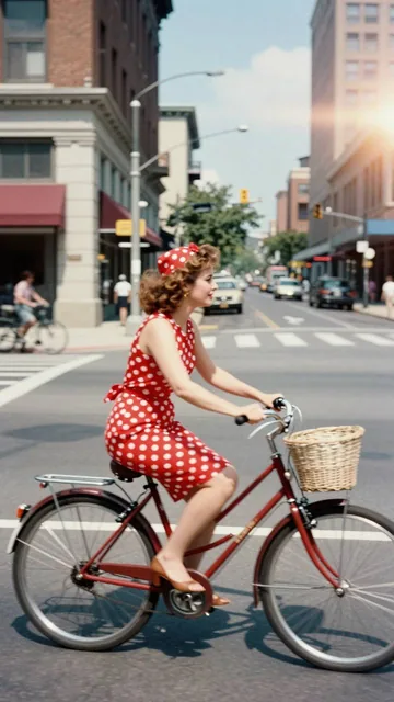 urban summer film photography, eye level composition, 1950 vibes, woman with red and white polka dot, biking past downto