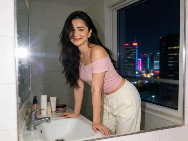 Ultra-realistic candid film photography portrait of a young woman leaning over a bathroom sink and looking into a mirror