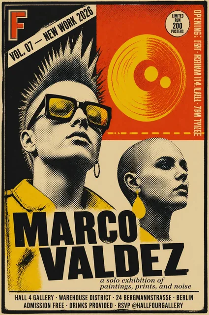 A vertical exhibition invitation poster in the aesthetic of 1970s–80s punk silkscreen print design. Gritty, graphic, hig
