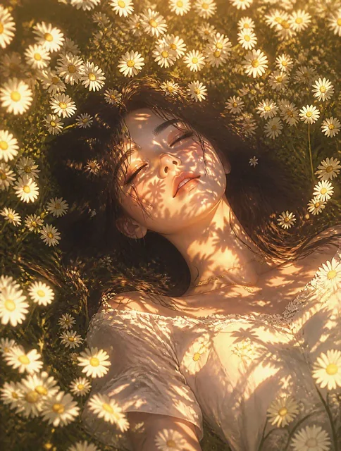 A young woman lying in a vast field of white daisies, sunlight filtering through petals and casting moving shadows acros