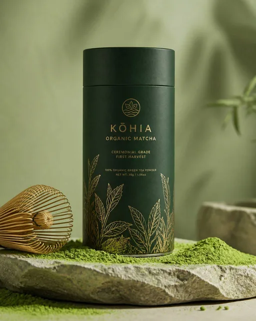 A highly distinctive and premium commercial packaging concept for a luxury organic matcha tea brand, designed for high-e