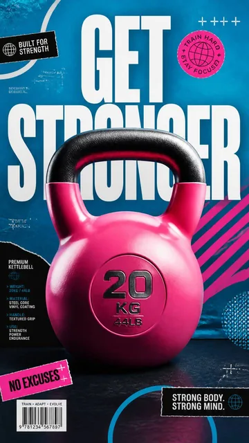 A premium 9:16 vertical advertising poster for fitness accessories, featuring a large neon pink kettlebell centered against a deep electric cyan background with bold typography and