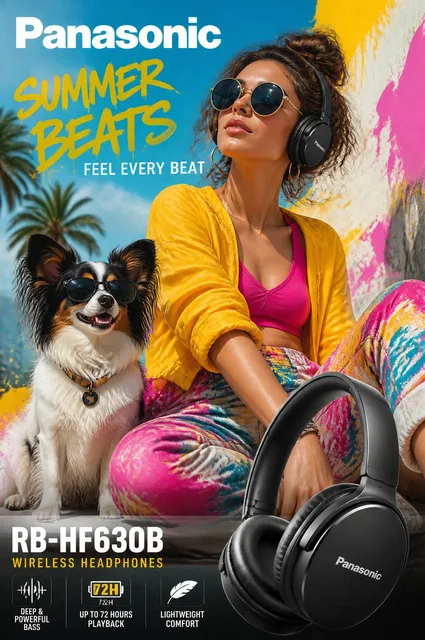 Premium Panasonic summer advertising poster, wireless headphones RB-HF630B, fashionable young woman in vibrant summer cl
