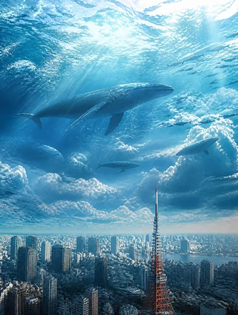 Massive ocean floating in the sky above a modern city, whales swimming through clouds, sunlight piercing through water,