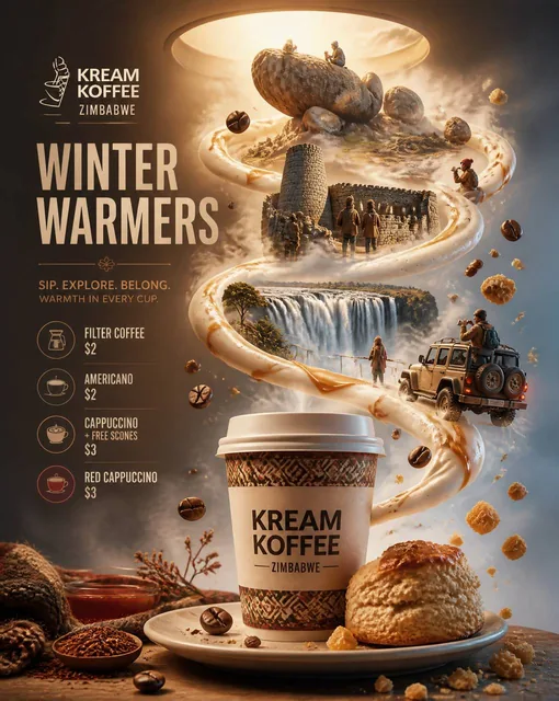 Ultra-detailed premium winter coffee advertisement poster for Kream Koffee Zimbabwe [image2], vertical composition, insp