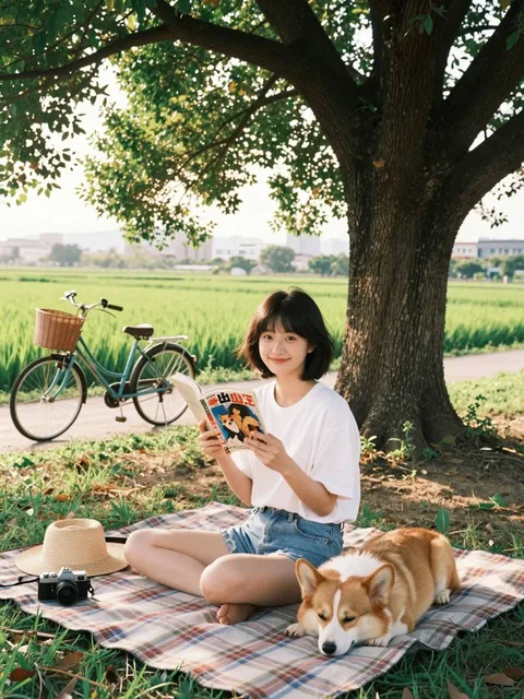 A cinematic 35mm film photography shot of a beautiful 19-year-old East Asian girl sitting on a plaid picnic blanket unde