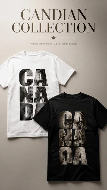 Promotional poster for luxury apparel featuring two premium T-shirts, one white and one black, each with 'CANADA' vertically arranged and a hyper-realistic grizzly bear portrait, s