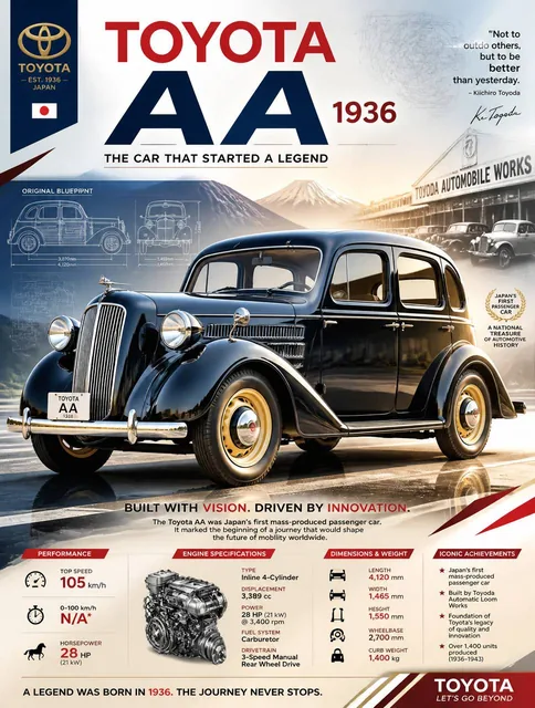 Epic premium automotive poster of the 1936 Toyota AA, presented heroically in a dynamic three-quarter side profile with integrated performance stats and heritage-inspired backgroun