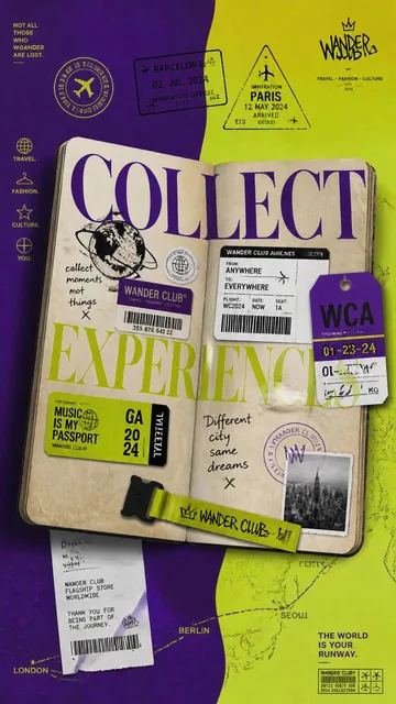 A premium 9:16 travel-fashion advertising poster with an open passport filled with stickers, patches, and boarding passes, featuring the text 'COLLECT EXPERIENCES'.