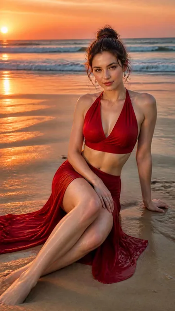 Ultra realistic beach fashion photography, a beautiful Caucasian woman with fair skin sits gracefully on the sandy beach