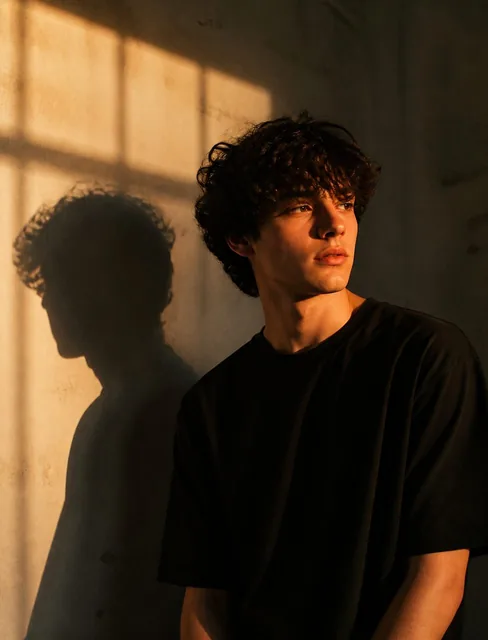 Ultra-realistic cinematic portrait of a person with curly hair, wearing a black t-shirt, standing beside a wall bathed in golden hour sunset light creating dramatic rectangular pat