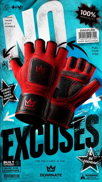 A premium 9:16 advertising poster for fitness accessories, featuring bright red training gloves suspended centrally against an electric cyan background with 'NO EXCUSES' typography