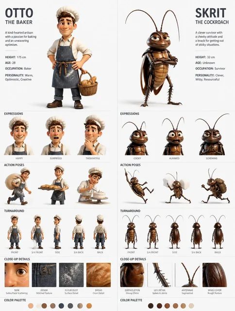 A professional 3D character design sheet displays two distinct protagonists, a human baker and an anthropomorphic cockro