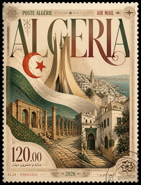 Create an image of an ultra-premium collectible postage stamp poster celebrating Algeria, designed as a single monumenta