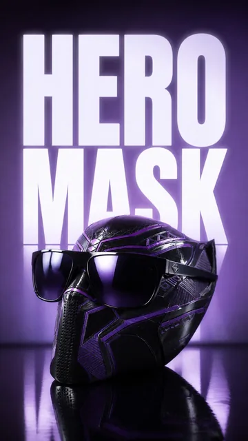 3D printed mask Story promotion oversized futuristic sunglasses positioned like sculpture, giant word "HERO MASK" behind