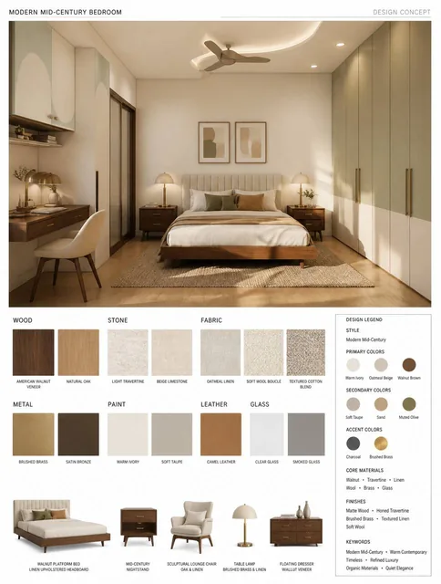 MODERN MID-CENTURY BEDROOM — HIGH-END INTERIOR DESIGN MOOD BOARDCreate a luxury interior design mood board based on the