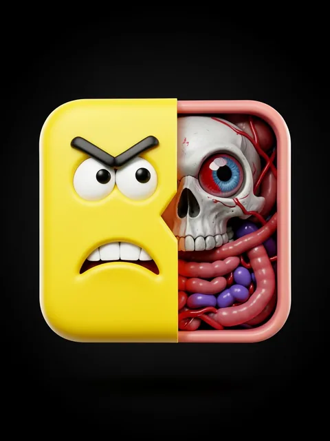 A 3D rendered square-shaped cartoon emoji character with bright yellow smooth plastic surface, cartoonish scared/angry f