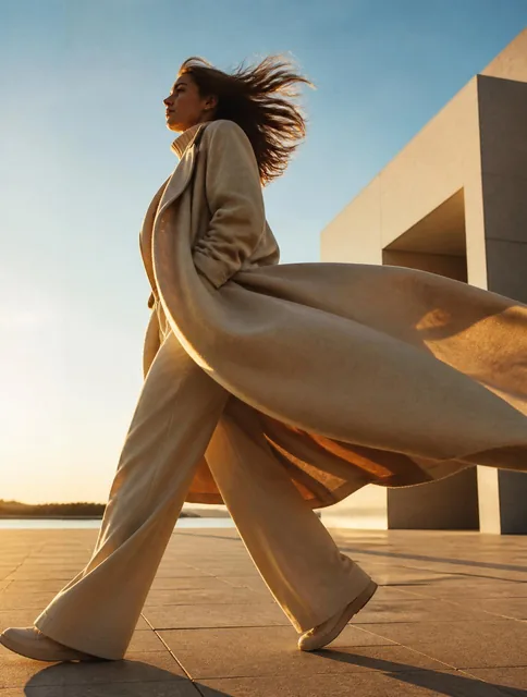 Cinematic fashion photograph of a woman walking through an open concrete plaza during golden hour. A strong gust of wind