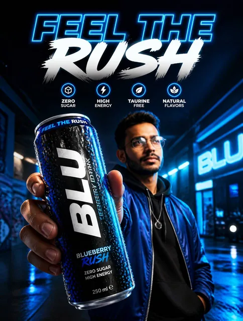 Create a premium high-energy modern beverage advertisement poster in a vertical 3:4 format, heavily inspired by the 'BLU