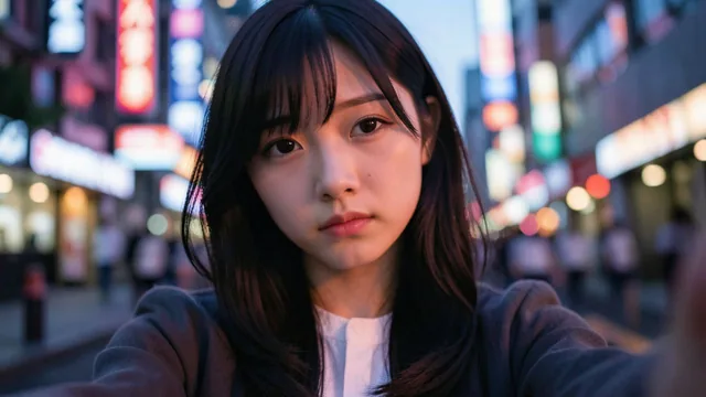 エモーショナルな雰囲気で、夕暮れ時の柔らかな光に包まれた日本人女子大生の自撮り写真。彼女の表情は少し憂いを帯びており、背景には都会のネオンがぼんやりと滲んでいる。浅い被写