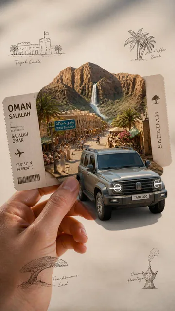 Create an ultra-photorealistic luxury travel-art masterpiece featuring a human hand naturally holding a realistic Oman S