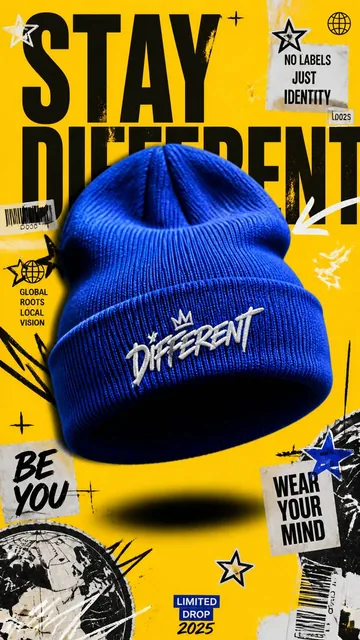 A premium 9:16 streetwear advertising poster with a large cobalt blue beanie hat centered against a bright yellow background, featuring bold "STAY DIFFERENT" typography and graphic